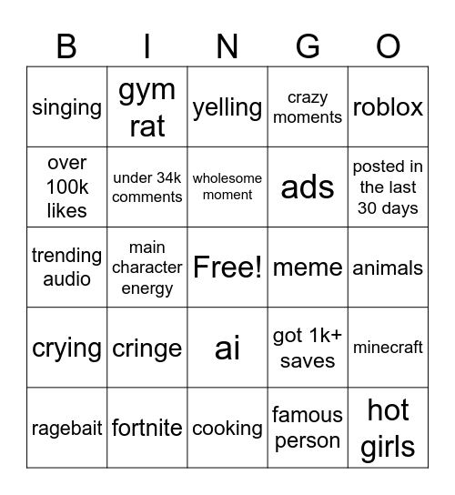Instagram Bingo Card