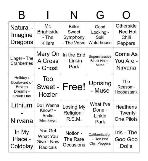 Alternative Rock Bingo Card