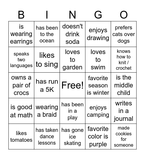 Get to Know You Bingo Card