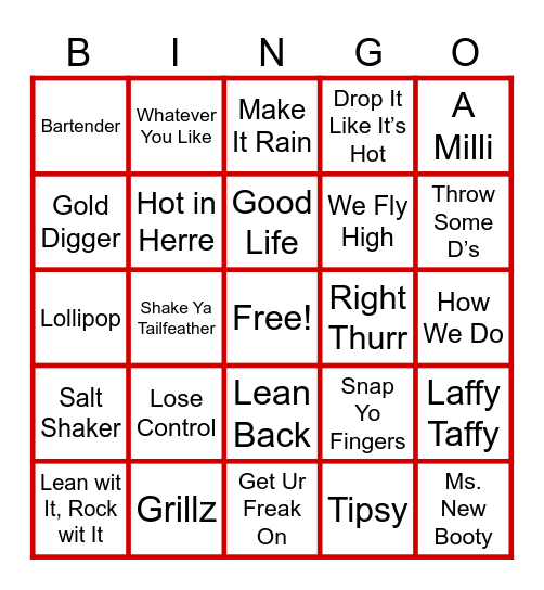 2000s Club Rap Bingo Card