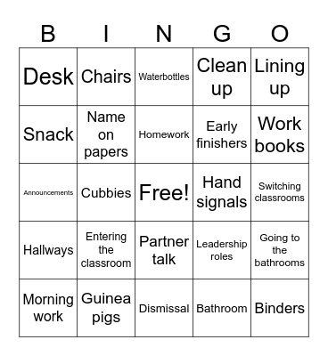 Routines and Procedures Bingo Card