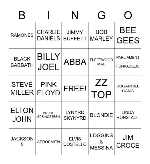 1970's MUSIC BINGO Card