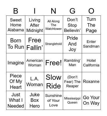 Billboard Classic Rock Songs Bingo Card