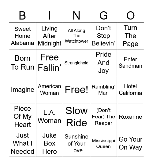 Billboard Classic Rock Songs Bingo Card
