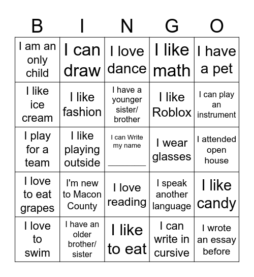 4th Grade All About Me!! Bingo Card