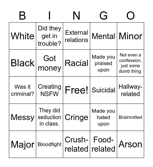 School confessions Bingo Card