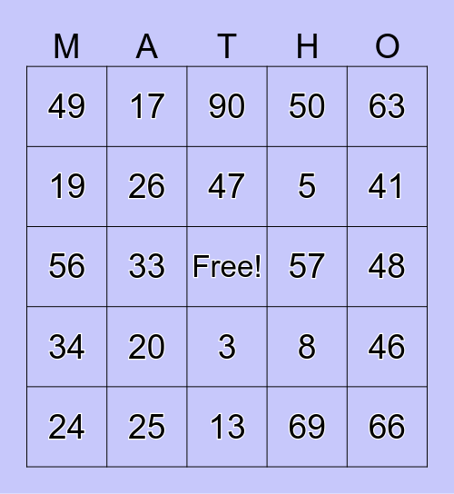 Multiplication & Division Bingo Card