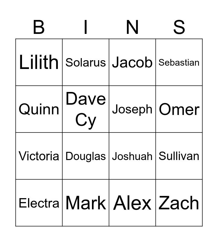 Guess who Bingo Card