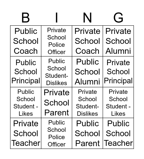 Private Schools vs. Public Schools Bingo Card