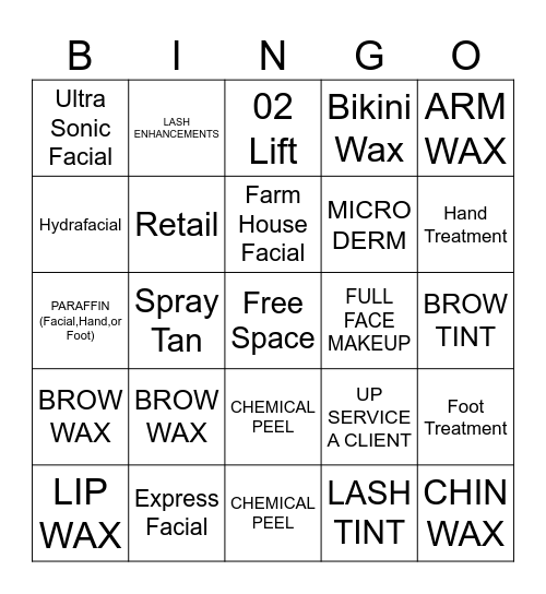 ESTHETICS Bingo Card