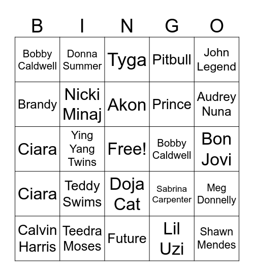 Jukebox Bingo Card