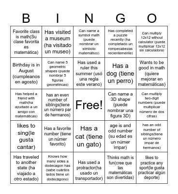 Math about Me! Bingo Card