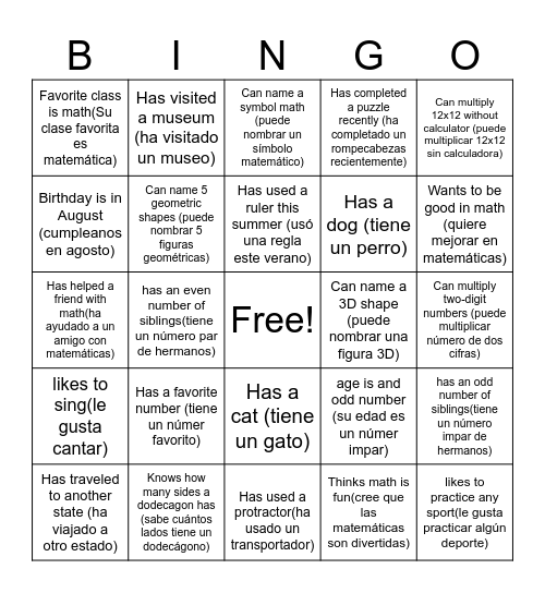 Math about Me! Bingo Card