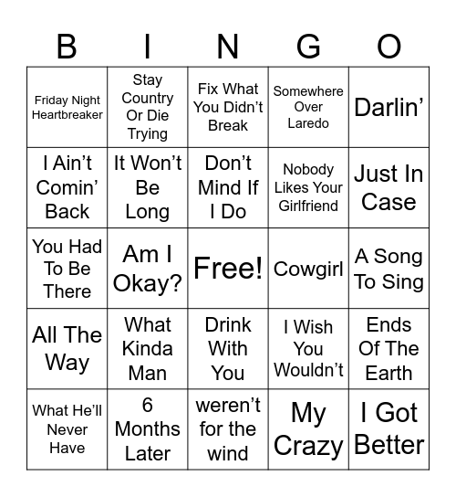 Current Billboard Country Charts Bingo Card