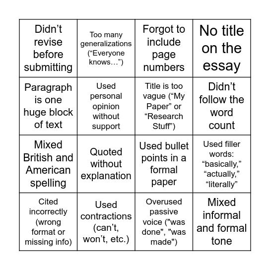 Pet Peeve Bingo Card