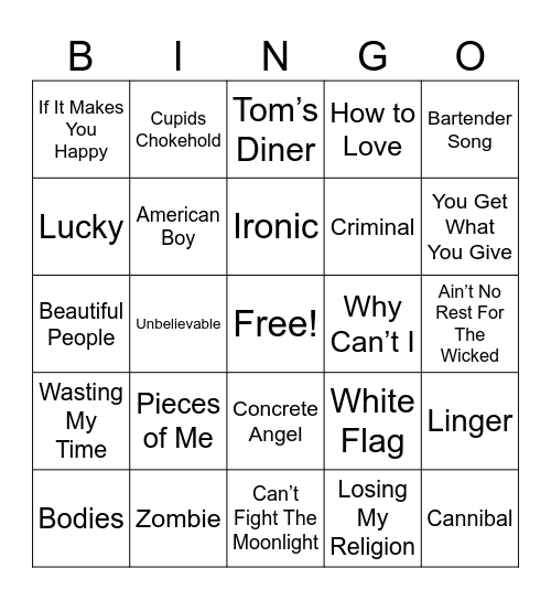 Kristen’s Playlist Bingo Card