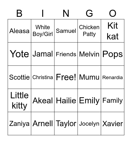 Family/Friends Bingo Card