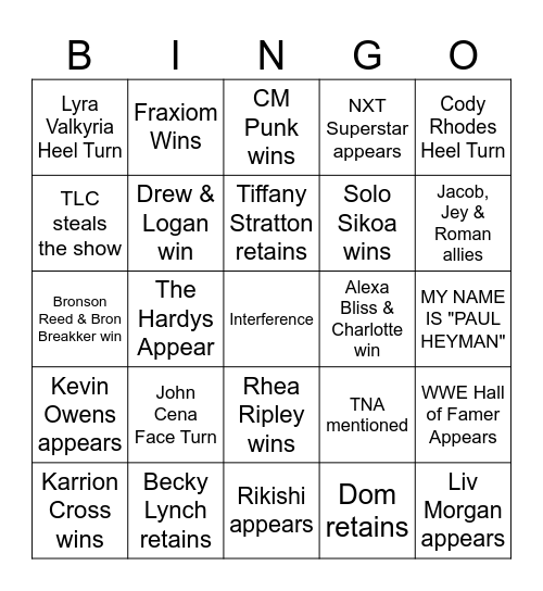 WWE Summerslam 2025 Bingo Card