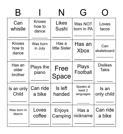 YOUTH HUMAN BINGO Card