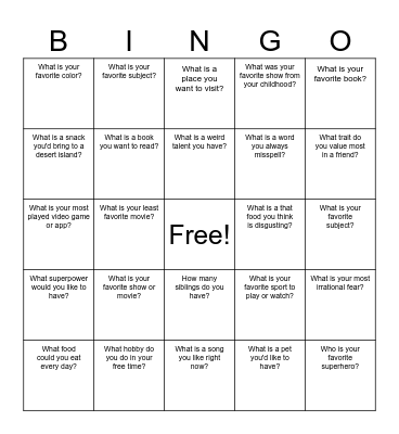 "My Favorites" Bingo Card