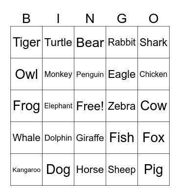 ANIMALS BINGO Card