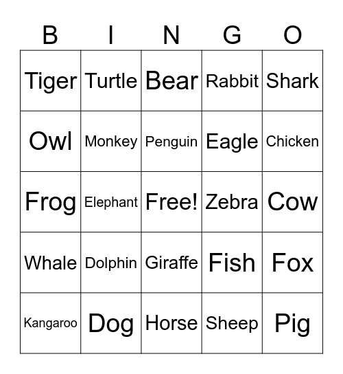 ANIMALS BINGO Card