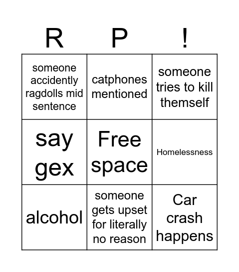 SG roleplay Bingo Card