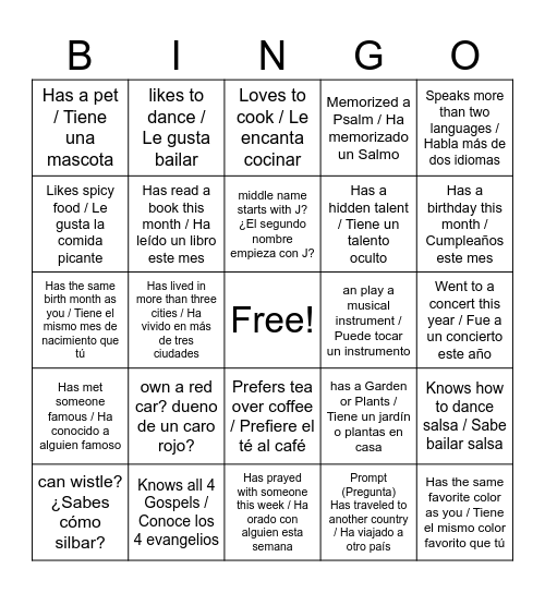 Church Bingo Card