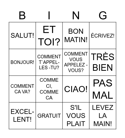 LES SALUTATIONS Bingo Card