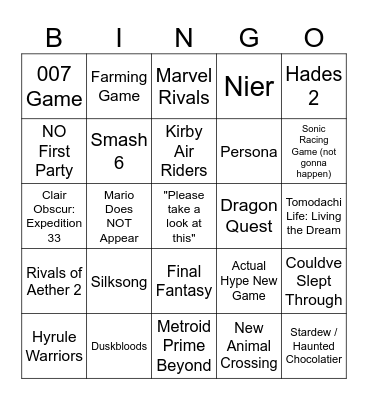 Nintendo Direct 31/07/25 Bingo Card