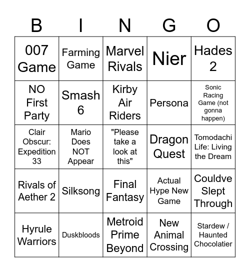 Nintendo Direct 31/07/25 Bingo Card