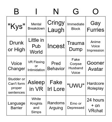 VRchat Bingo Card