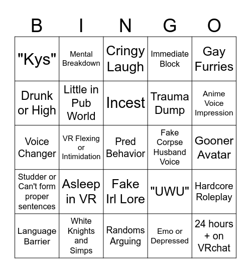 VRchat Bingo Card
