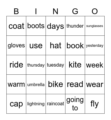 Weather, Days, Clothes Bingo Card