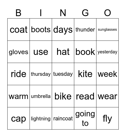 Weather, Days, Clothes Bingo Card