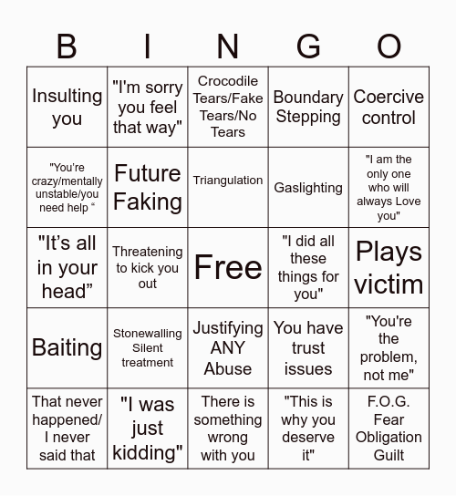 Narcissist Bingo Card