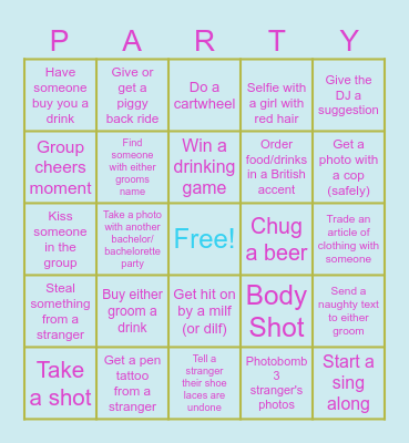 Bachelor Party Bingo Card
