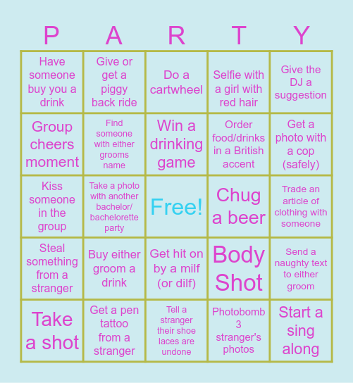 Bachelor Party Bingo Card