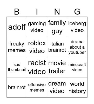 youtube feed bingo Card