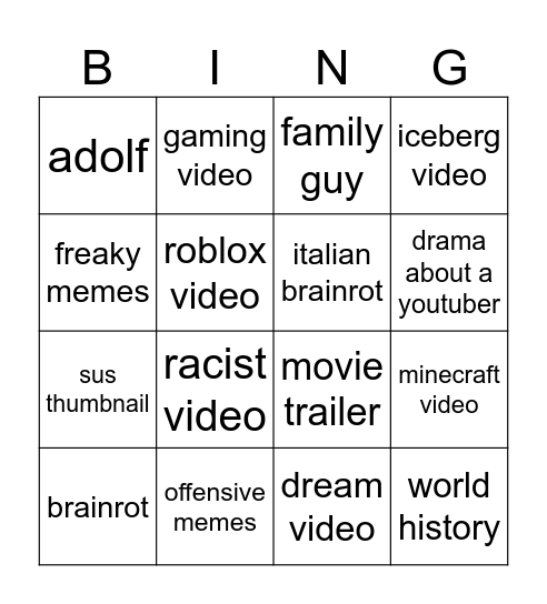 youtube feed bingo Card