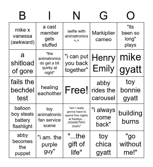 FNAF 2 MOVIE BINGO Card