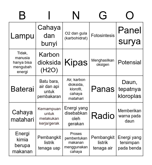 Energi dan Perubahan Energi Bingo Card