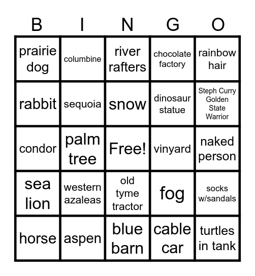 Vacation Bingo Card