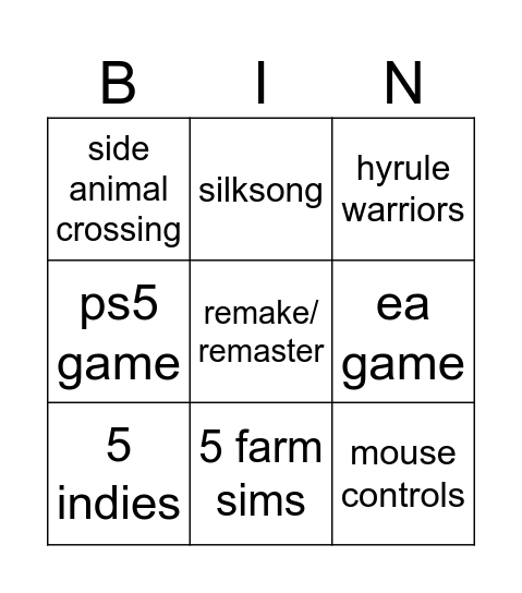 nintendo direct Bingo Card