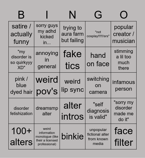 Fake disorder cringe Bingo Card