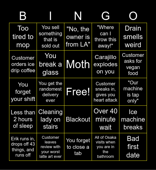 Cafe LA Shift Bingo Card