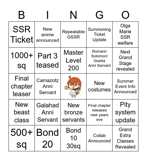FGO 10th Anniversary Bingo Card