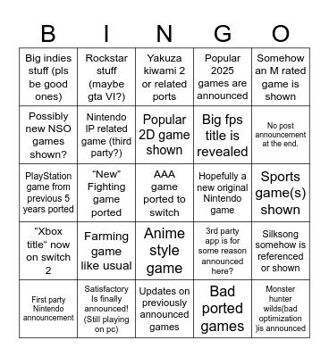 Nintendo partner direct July 2025 (my list) Bingo Card