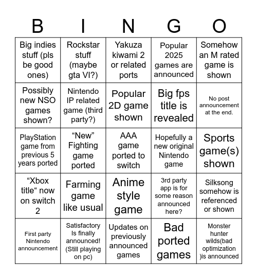 Nintendo partner direct July 2025 (my list) Bingo Card