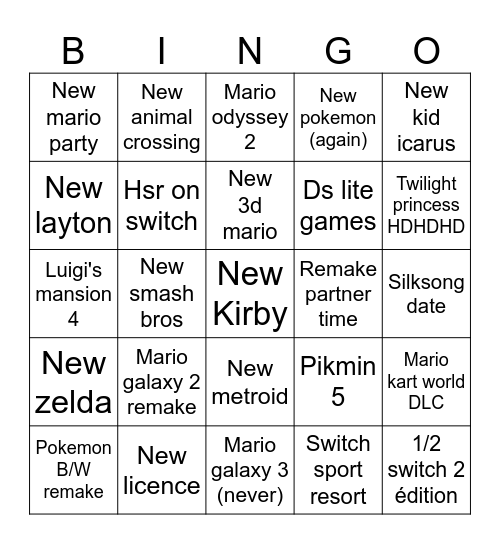 Nintendo direct bingo Card